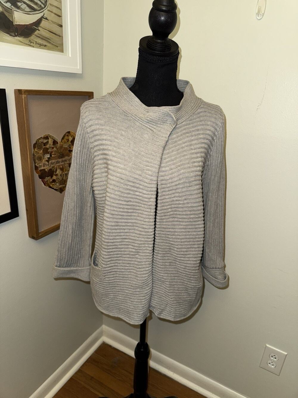 Anne Klein Women’s Gray Button Top Ribbed Cardigan Open Medium Pockets